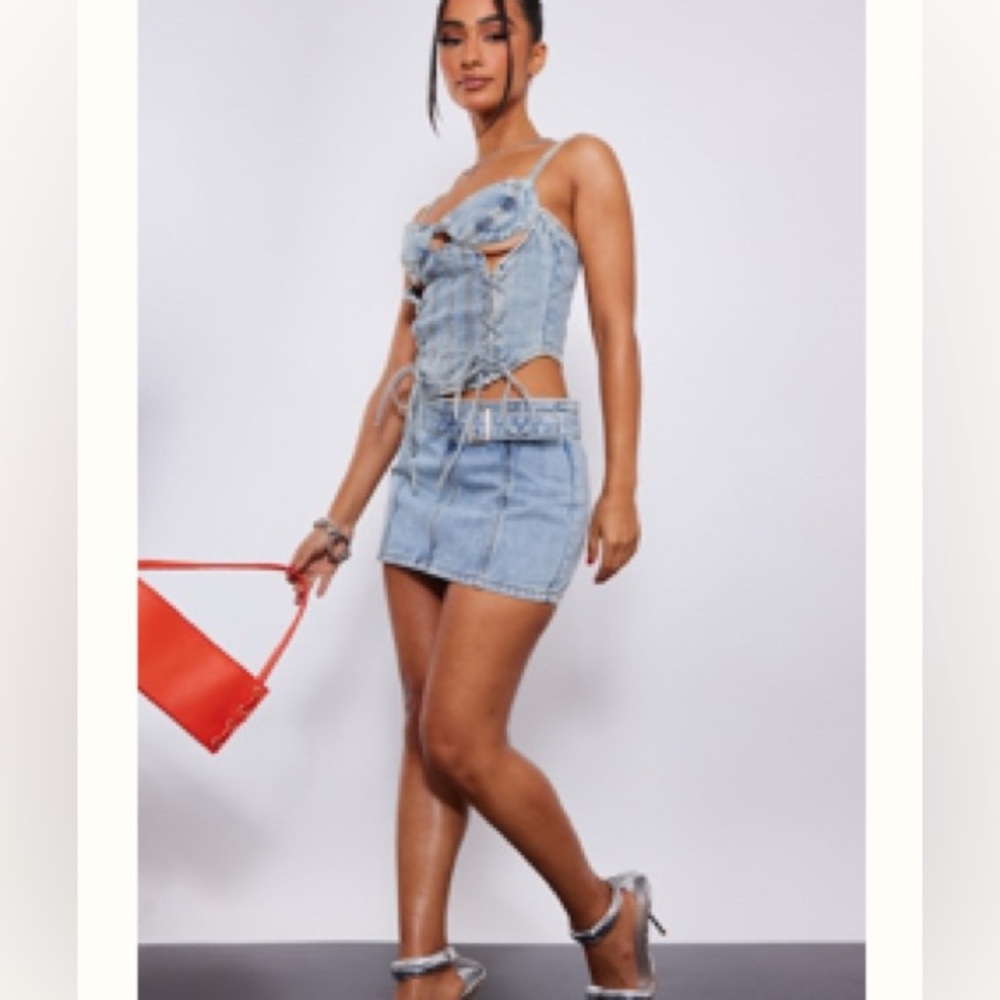 PETITE LIGHT BLUE WASH DENIM BUCKLE DETAIL MINI SKIRT And Corset Top